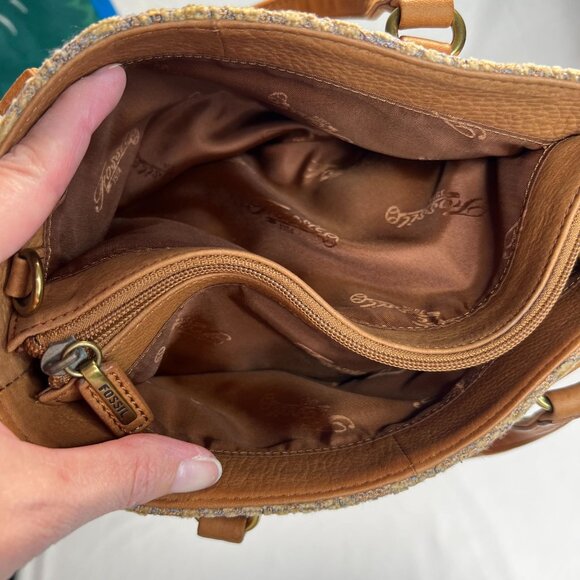 Fossil Chenille Tapestry Paisley Bag Boho Crossbody Top Handle Convertible Brown - Picture 12 of 15